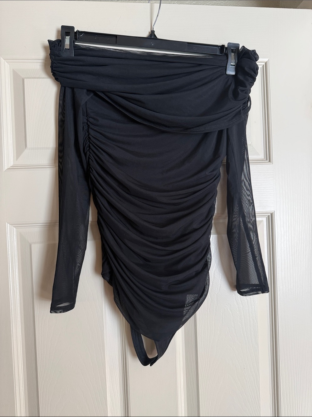 Abercrombie & Fitch Black Off-the-Shoulder Ruched Mesh Bodysuit